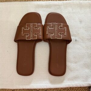 Tory Burch Chestnut Brown Leather Logo Slide Sandals